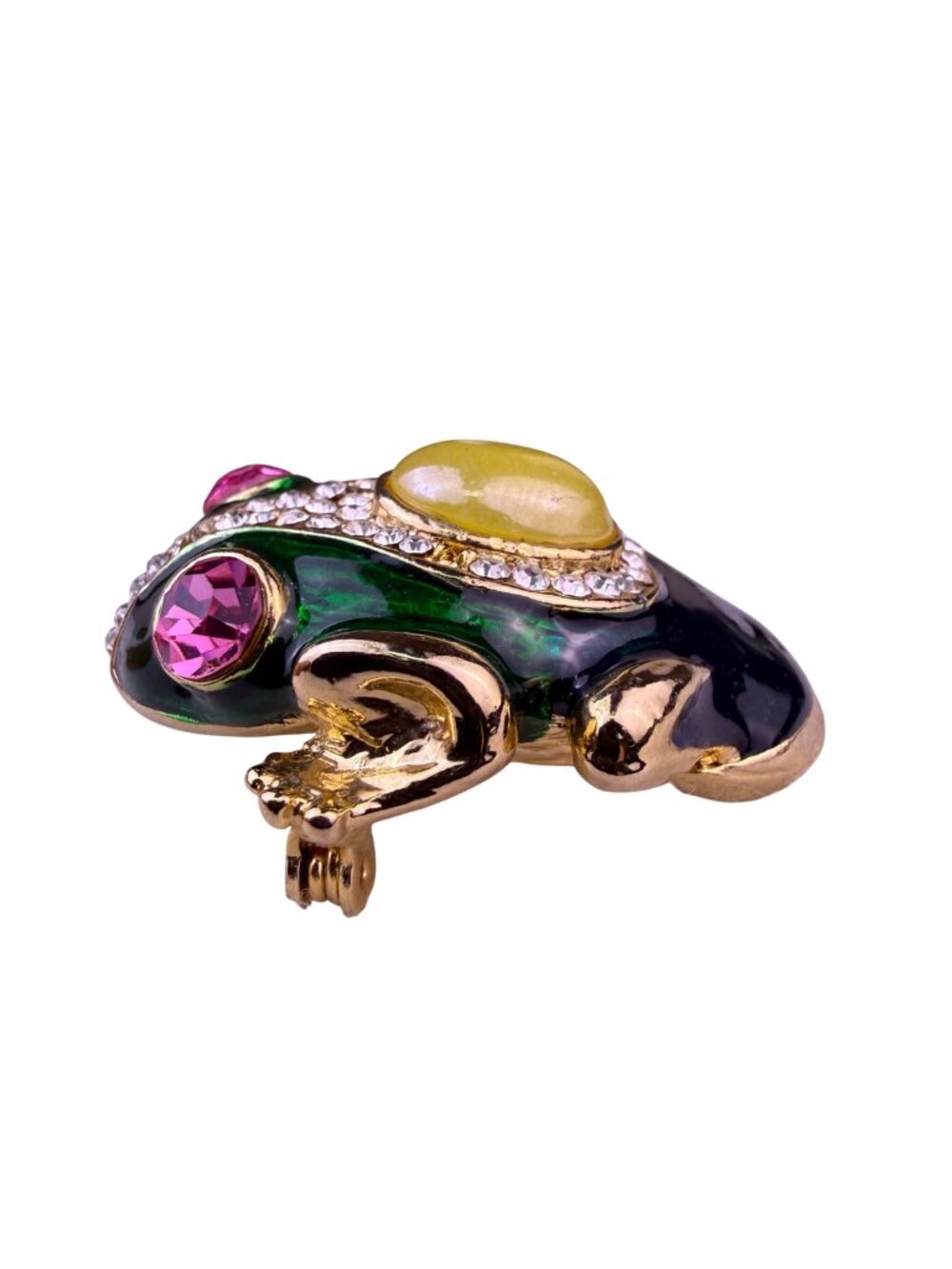 Vintage Multicolor Enamel Frog Brooch With Rhinestone Accents Gold Tone